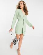 Asos Design Plunge Mini Dress With Wrap Drape Skirt-green