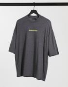 Asos Design Oversized T-shirt In Charcoal Gray Marl With Text Print-grey