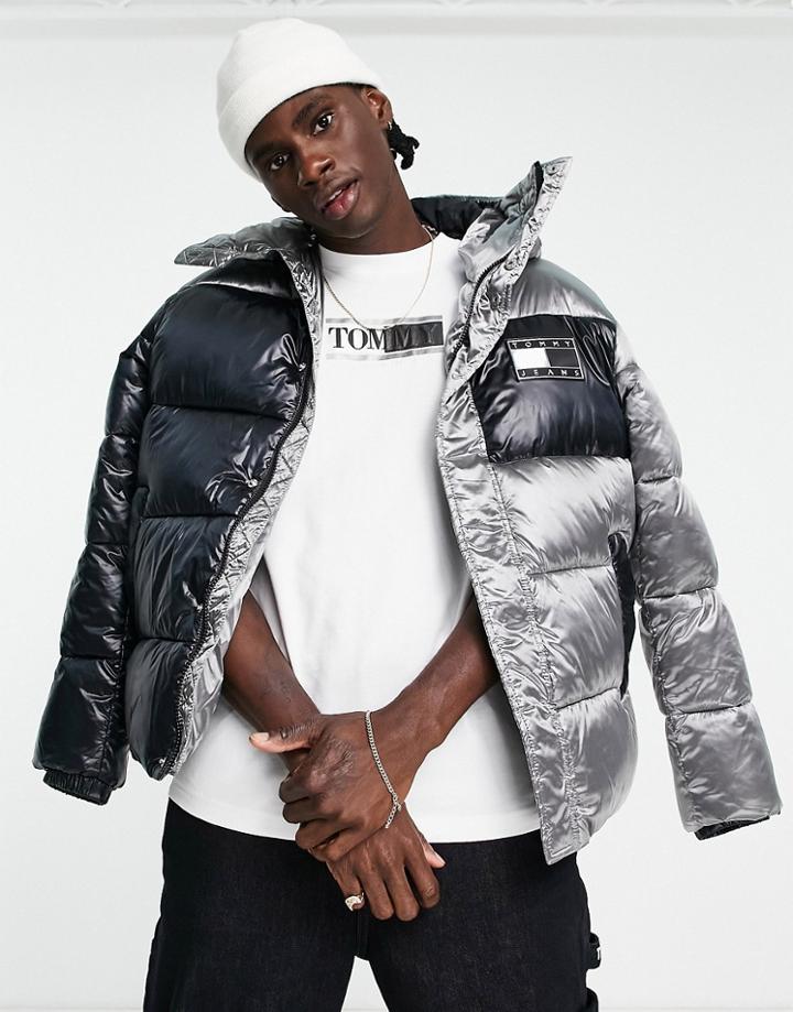 Tommy Jeans Metallic Capsule Color Block Hooded Puffer Jacket In Multi-black