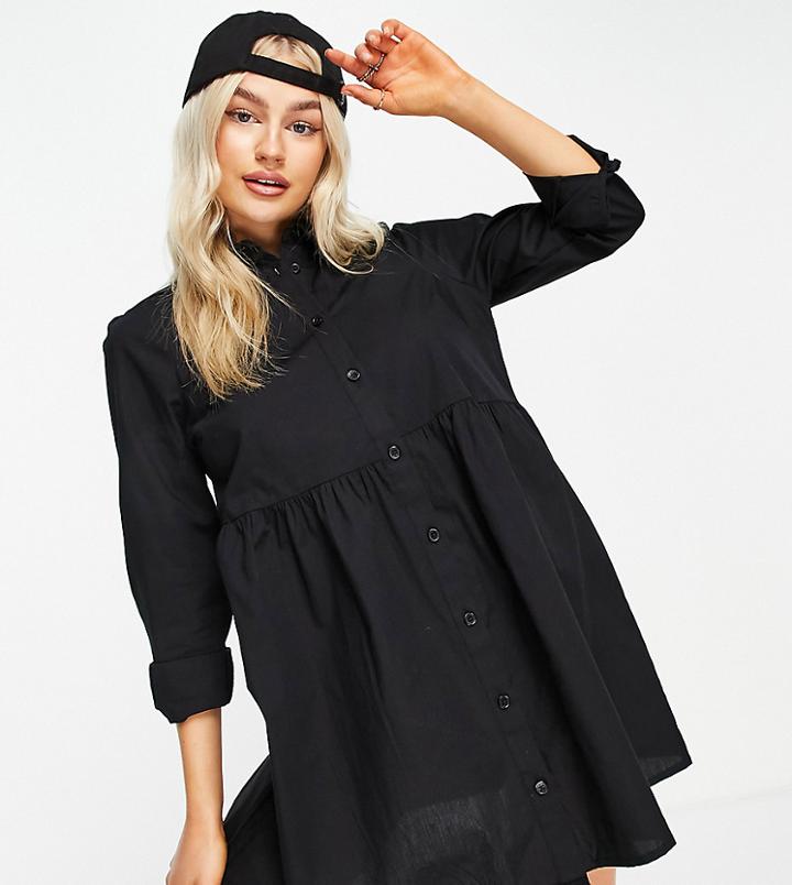 Asos Design Petite Organic Cotton Mini Smock Shirt Dress In Black