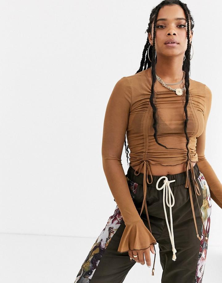 Zya Long Sleeve Mesh Crop Top With Ruching-brown