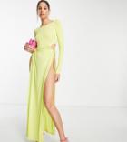Asos Design Tall Long Sleeve Cut Out Super Thigh High Split Maxi Dress In Chartreuse-yellow