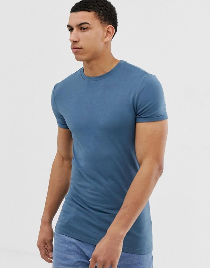 Asos Design Muscle Fit Crew Neck T-shirt And Roll Sleeve In Blue