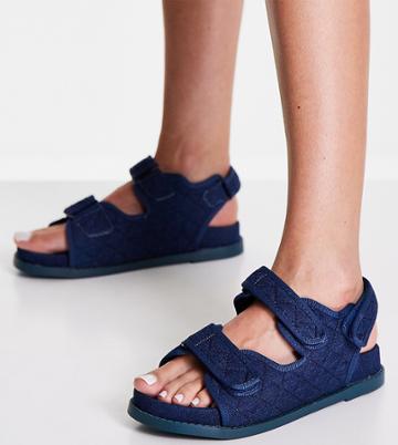 Public Desire Wide Fit Maeve Dark Denim Quilted Flat Sandals-blue