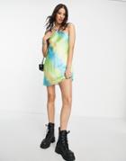 Bershka Halterneck Strap Open Back Satin Dress In Blurred Digital Print-multi