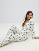 Asos Design Christmas Sprout Traditional Shirt And Pants Pyjama Set-white
