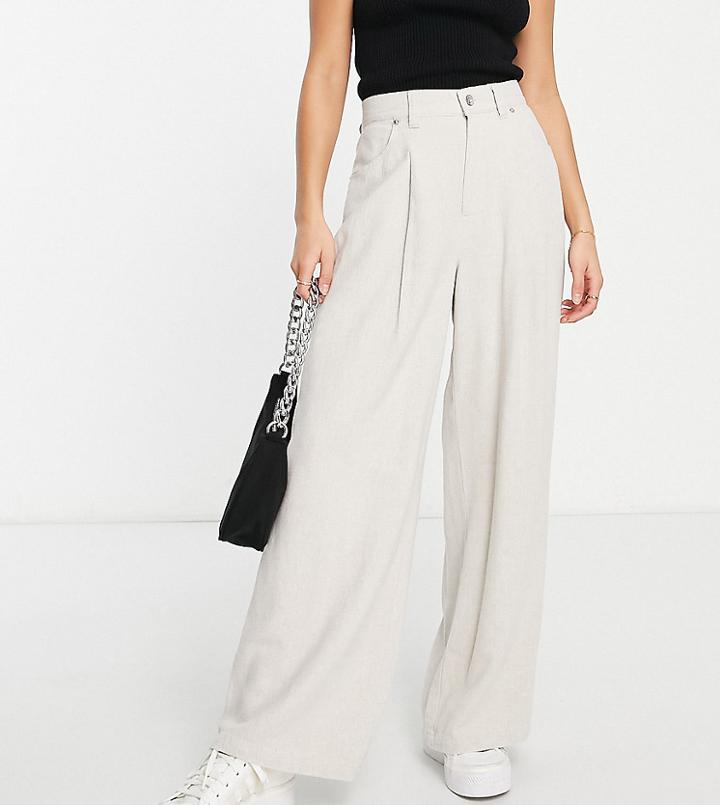 Asos Design Petite Wide Leg Linen Pants In Oatmeal-neutral