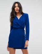 Missguided Tie Side Wrap Mini Dress With Shoulder Pads - Blue