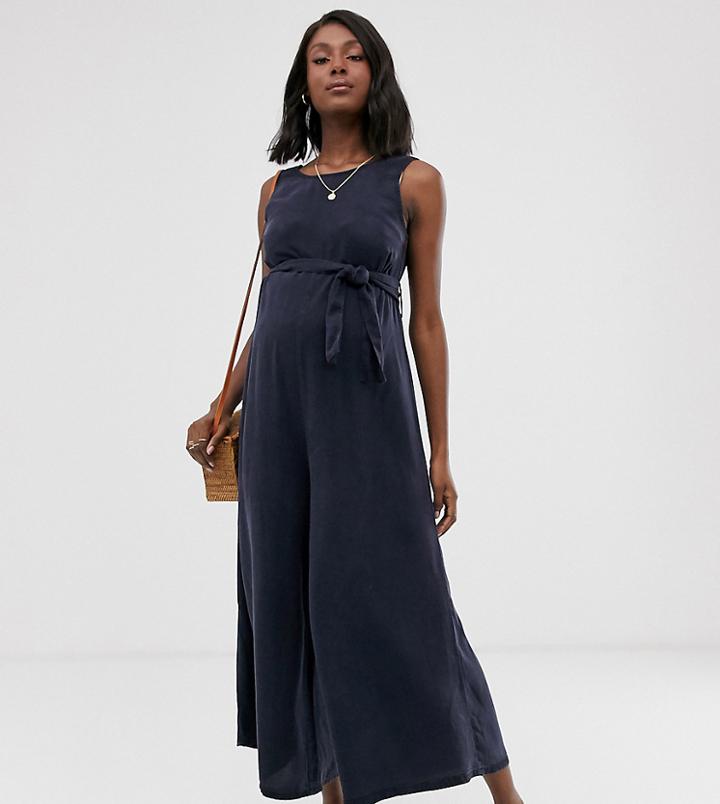 Asos Design Maternity Soft Denim Belted Wide Leg Jumpsuit-blue