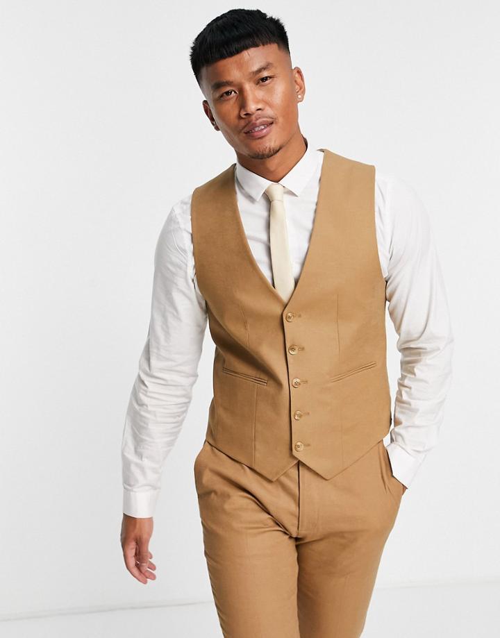 Asos Design Super Skinny Linen Mix Suit Vest In Tobacco-brown