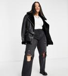 River Island Plus Belted Faux Fur Aviator Jacket In Black