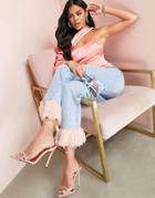 Asos Luxe Straight Leg Jeans With Faux Feather Hem In Blue - Part Of A Set