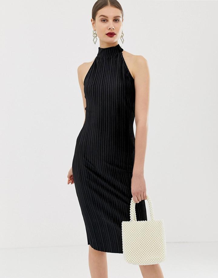 River Island Velvet Plisse Bodycon Dress In Black