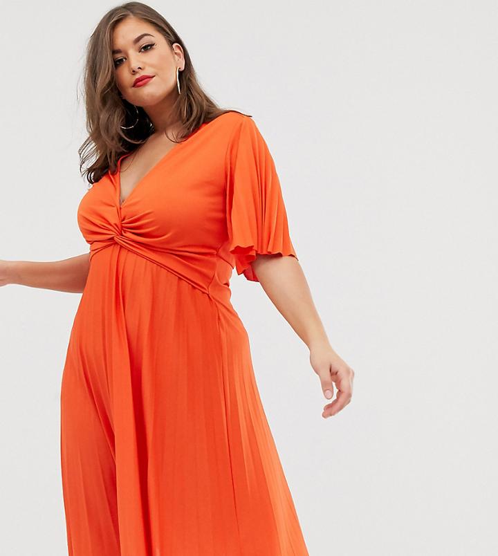 Asos Design Curve Twist Detail Pleated Kimono Midi Dress-orange