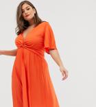 Asos Design Curve Twist Detail Pleated Kimono Midi Dress-orange