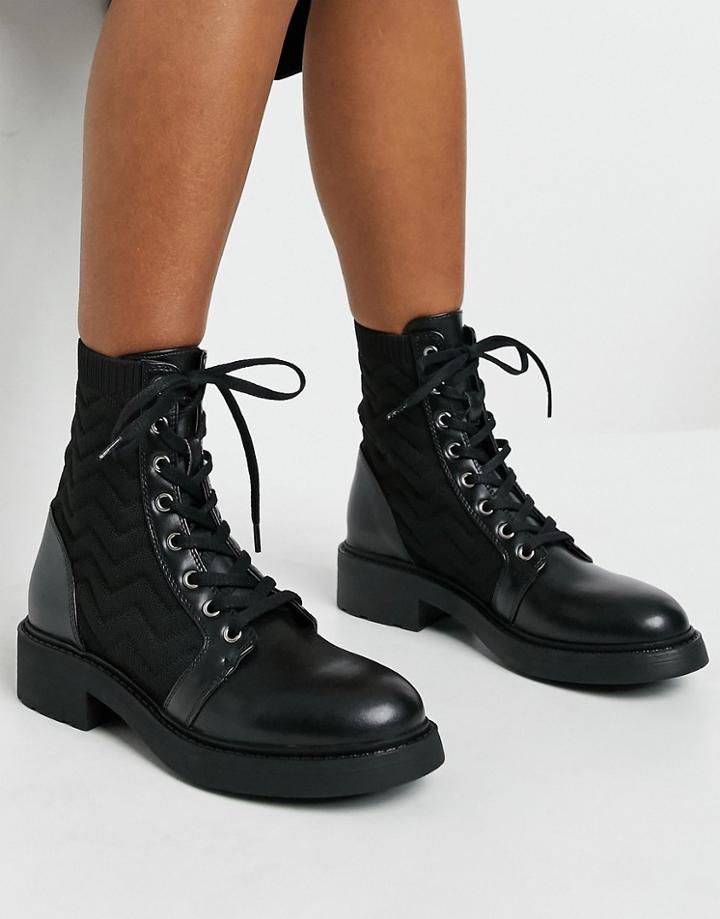 Bershka Zig Zag Detail Quilted Biker Boots In Black
