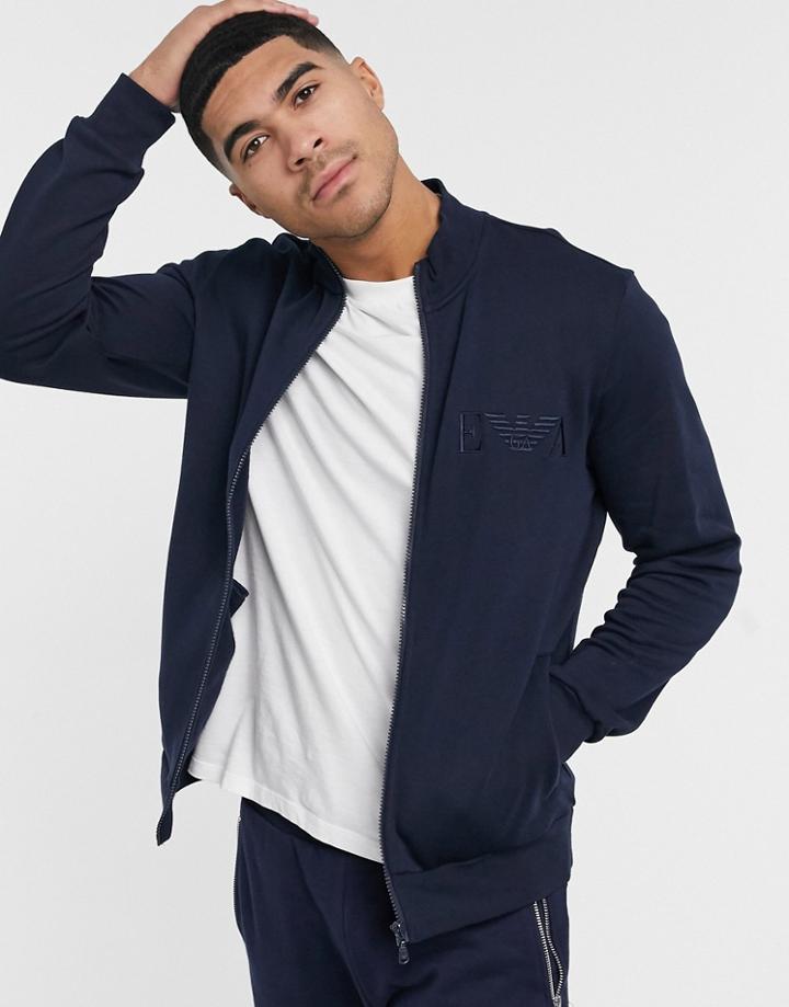 Emporio Armani Eva Embroidered Zip Through Funnel Neck Lounge Sweatshirt In Navy