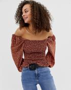 Asos Design Shirred Crop Top With Long Sleeve In Ditsy - Black