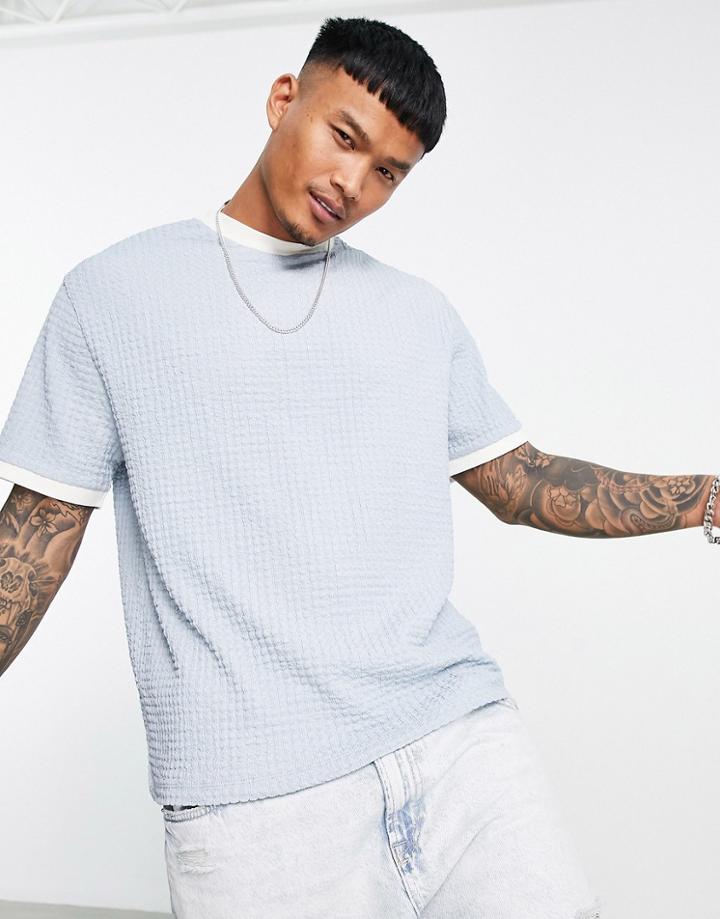 Asos Design Relaxed T-shirt In Blue Texture With Contrast Neck And Cuffs
