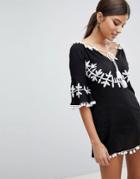 Boohoo Embroidered Pom Trim Dress - Black