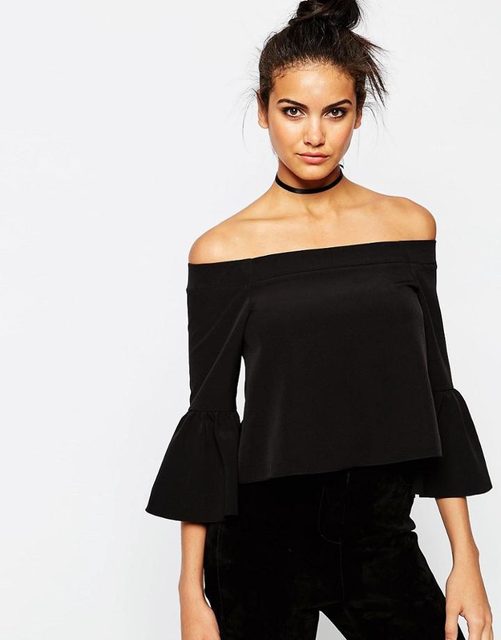 Asos Off The Shoulder Top With Ruffle Sleeve - Black
