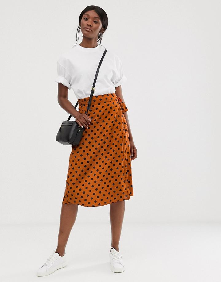 Only Polka Dot Wrap Midi Skirt - Orange