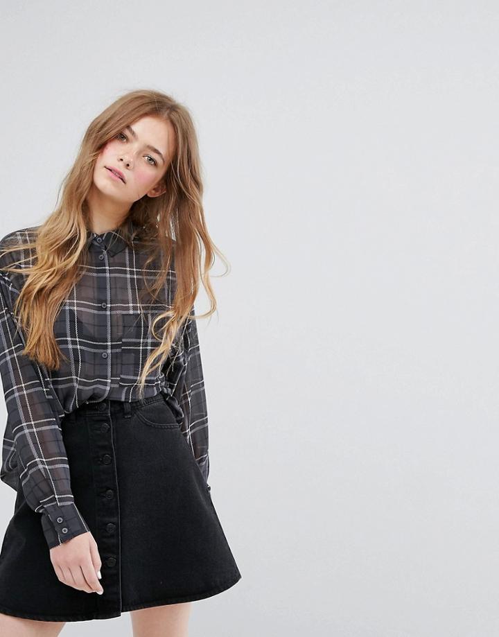 Monki Drape Back Check Shirt - Gray