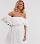 Asos Design Maternity Premium Double Layer Off Shoulder Mini Dress In Broderie - White