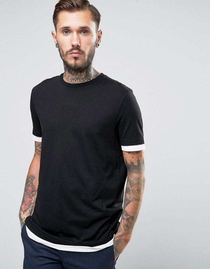 Asos Longline T-shirt With Contrast Hem And Cuff In Black - Black