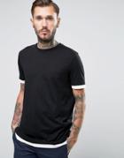 Asos Longline T-shirt With Contrast Hem And Cuff In Black - Black