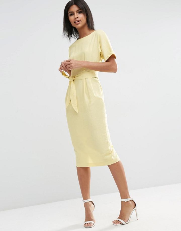 Asos Belted Wiggle Dress In Linen - Lemon
