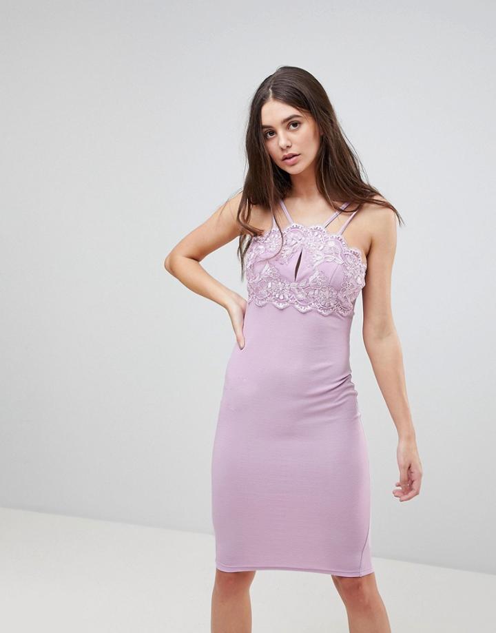 Ax Paris Double Strap Bodycon Dress With Lace Detail-purple