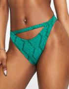 Missguided Boomerang Bikini Bottom With Cut Out In Green Snake