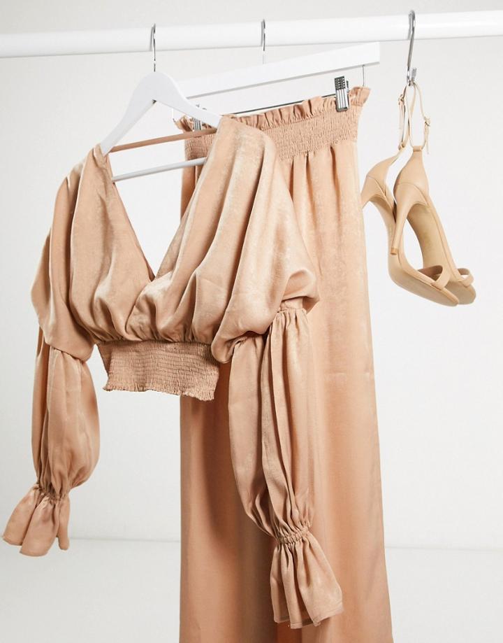 Asos Design Shirred Crop Top With Blouson Sleeve Two-piece In Satin