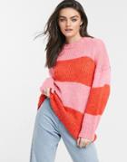 Asos Design Oversize Fluffy Sweater In Block Stripe-pink