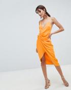 Asos Design Strappy Knot Side Midi Dress In Satin - Orange