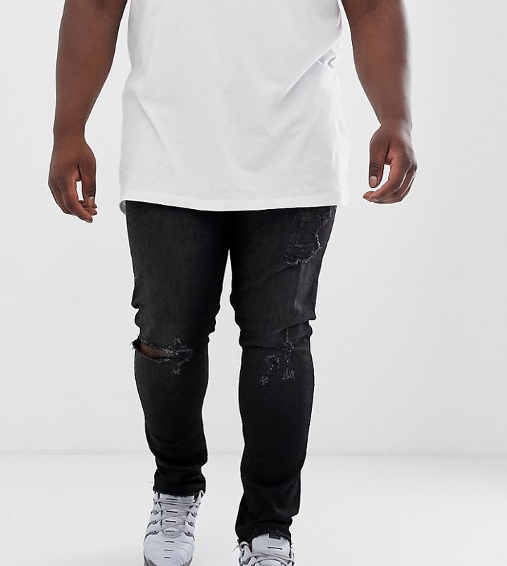 Asos Design Plus Recycled Super Skinny Jeans In Washed Black With Heavy Rips - Black