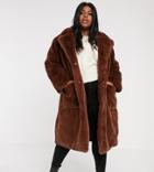 Neon Rose Plus Oversized Faux Fur Coat With Belt-brown