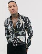 Devils Advocate Slim Fit Cotton Crane Print Shirt - Navy