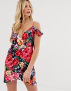 Parisian Wrap Front Mini Dress With Cold Shoulder Detail In Bright Floral - Multi