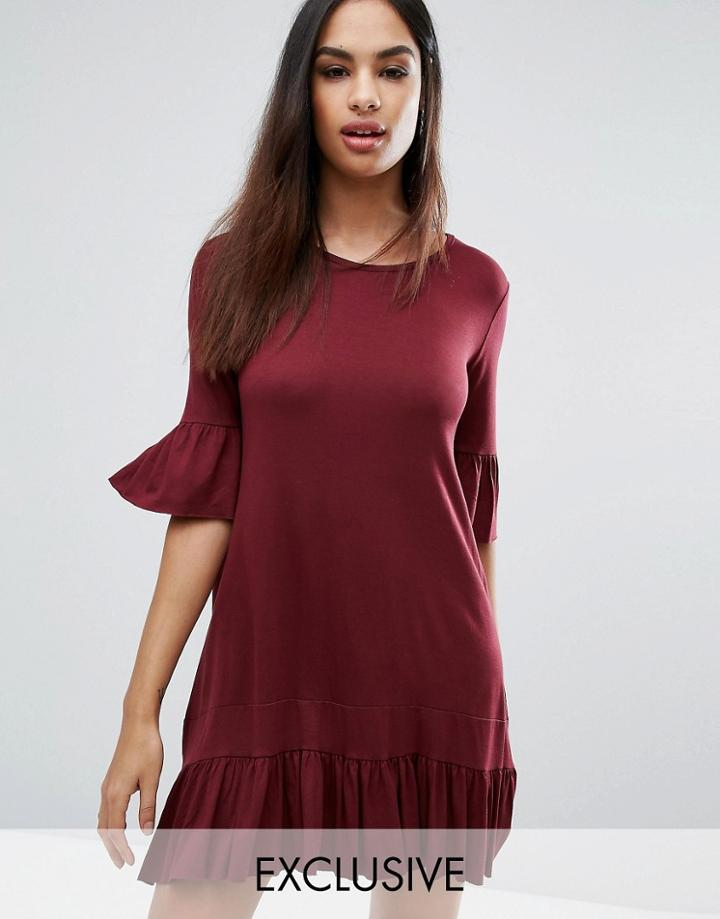 Missguided Frill Hem And Sleeve Swing Dress - Red