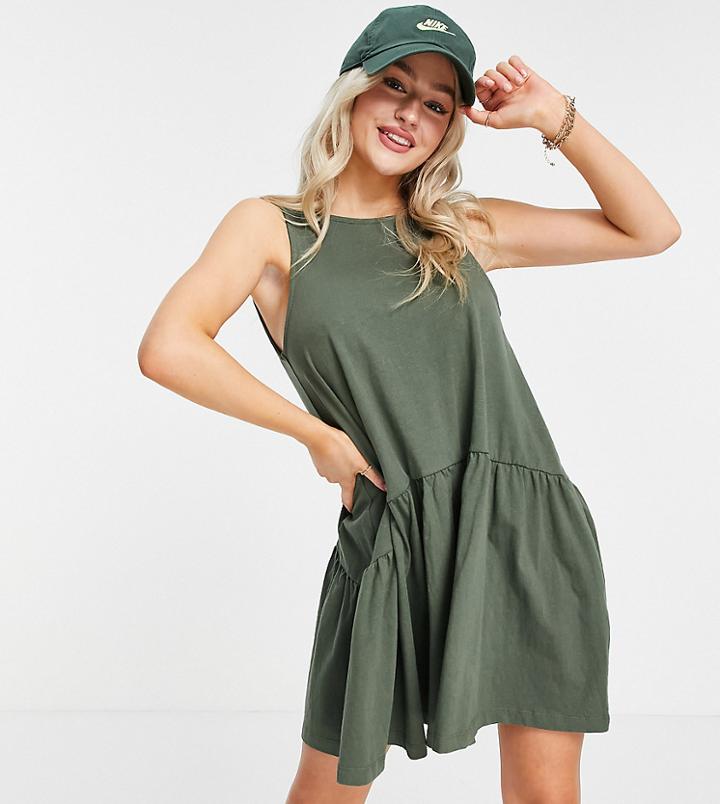 Asos Design Petite Sleeveless Smock Dress With V Back In Khaki-green