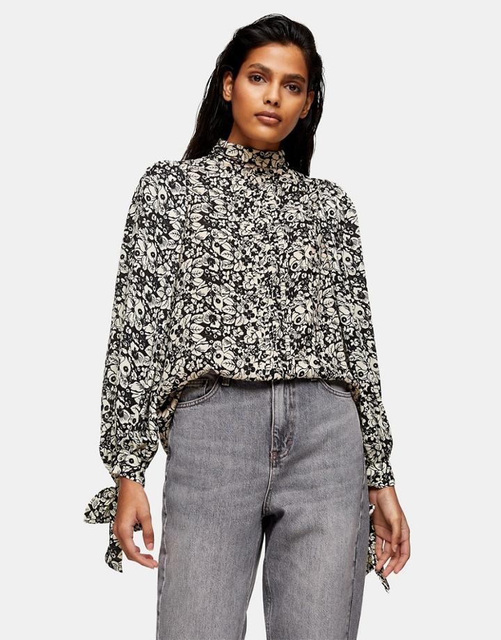 Topshop Pintuck Drama Sleeve Blouse In Black