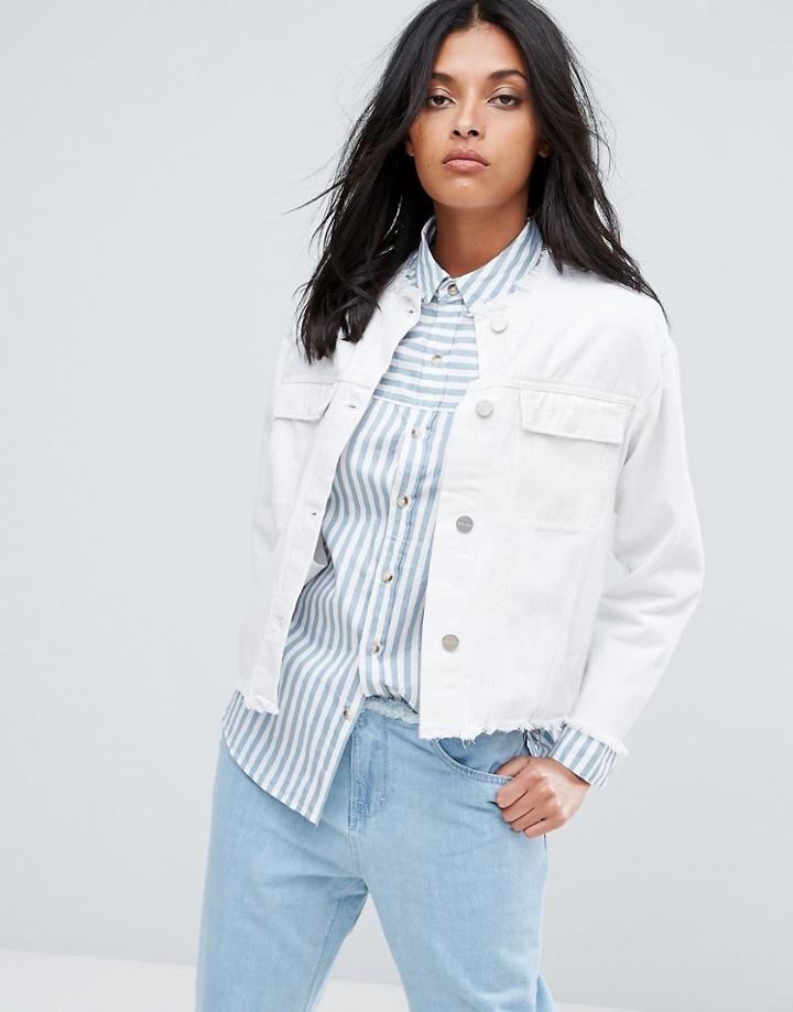 Waven Hanna Oversized Cropped Collarless Denim Jacket - White
