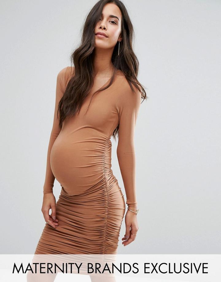 Missguided Maternity Ruched Midi Dress - Tan