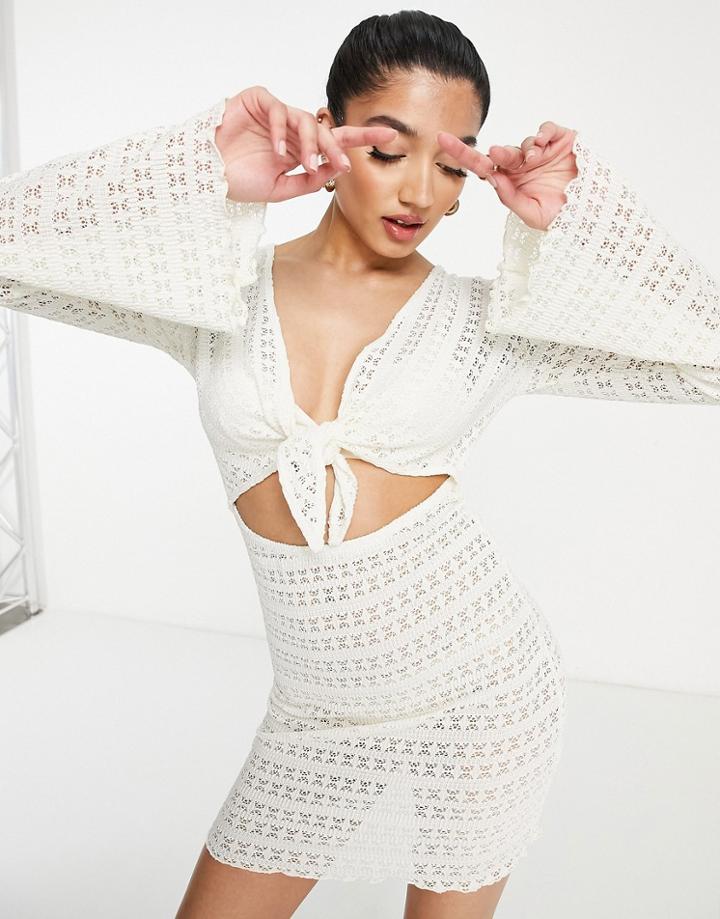 Asos Design Crochet Long Sleeve Tie Front Mini Dress In Cream-neutral
