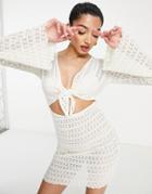 Asos Design Crochet Long Sleeve Tie Front Mini Dress In Cream-neutral