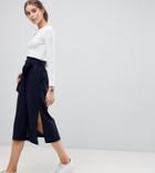 Asos Tall Tailored Linen Paperbag Waist Split Side Midi Pencil Skirt - Navy