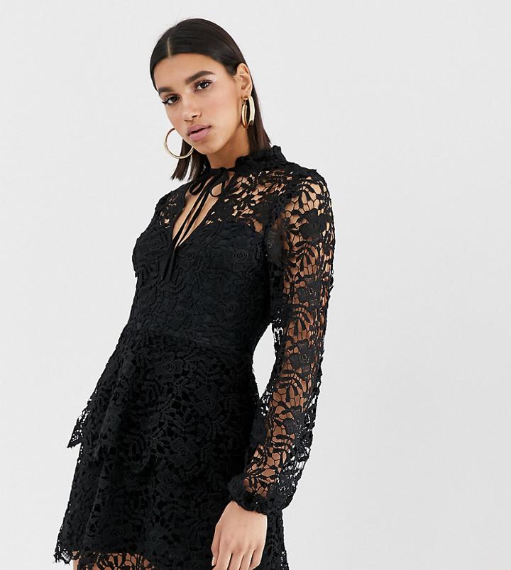 Missguided Mini Dress With Crochet Layer Detail And Tie Front In Black - Black