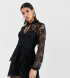 Missguided Mini Dress With Crochet Layer Detail And Tie Front In Black - Black